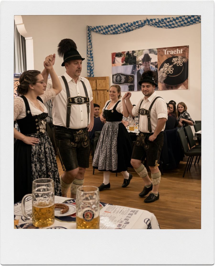 Two couples in lederhosen and dirndls performing a traditional Bavarian dance at Heimat